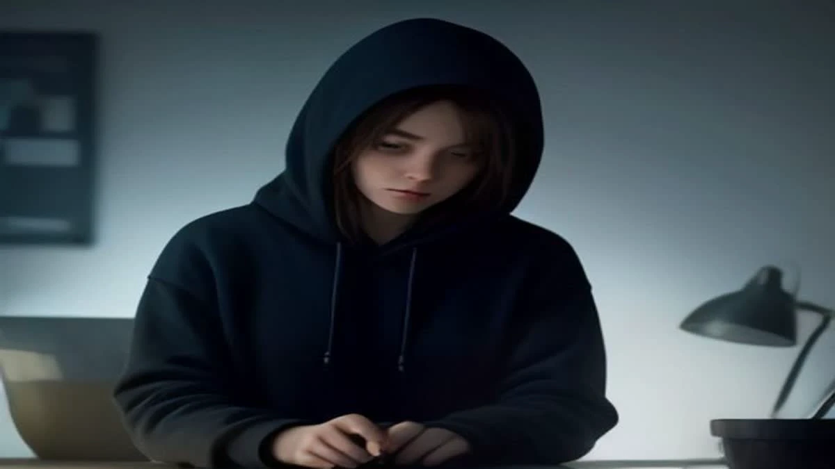 A person in a hoodie reading a laptop in a dim office at night under bright studio-style light
